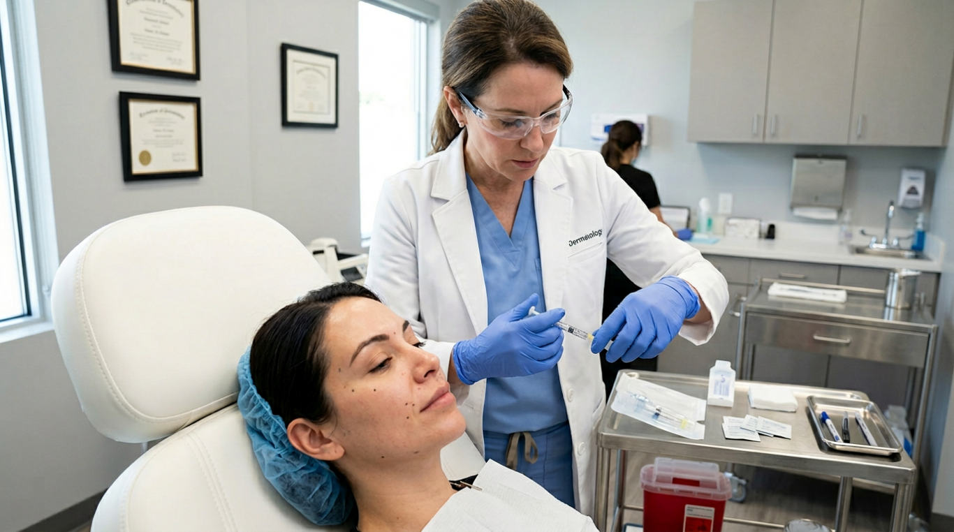 Profissional de saúde prepara aplicação de preenchedor facial em paciente em clínica.