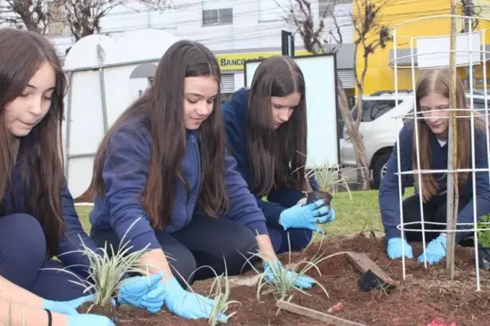 Os estudantes realizaram o plantio de flores e de duas mudas de ipê (Foto: Júnior Posselt/Folha do Mate)
