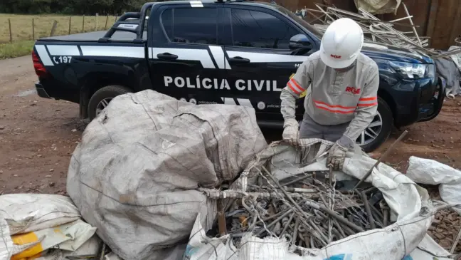 Representantes da RGE foram acionados pela Polícia Civil para auxiliar na remoção do material apreendido (Foto: Alvaro Pegoraro)