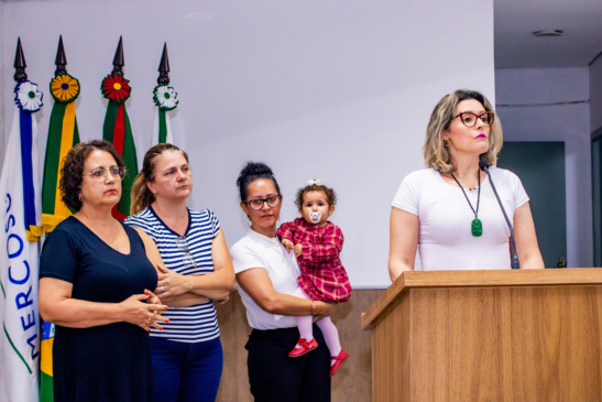 Terapeutas Elaine Heissler, Eliana Jantsh, Claudete da Luz (com a filha Luiza no colo) e Edna Perosso Luviza, na tribuna do Legislativo (Foto: Willian de Oliveira/Divulgação)