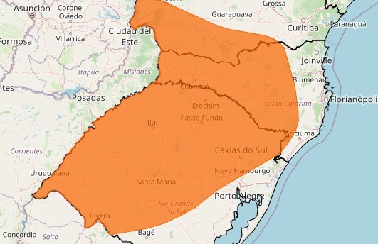 Mapa mostra área de risco de temporal nos três estados da Região Sul