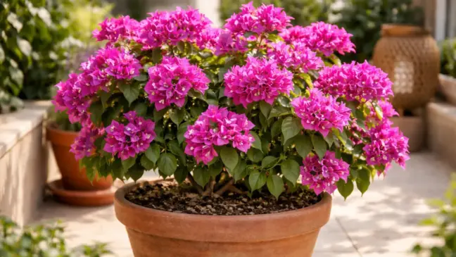 A buganvília em vaso cresce saudável, mas não floresce quando o espaço engana