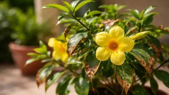 Alamanda-amarela 6 sinais de que o sol está além do limite e saturando a planta