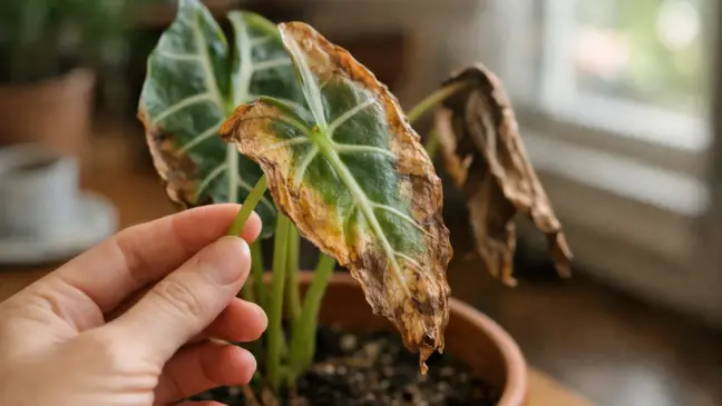 Alocasia-amazônica 6 erros de umidade que encolhem as folhas sem dó