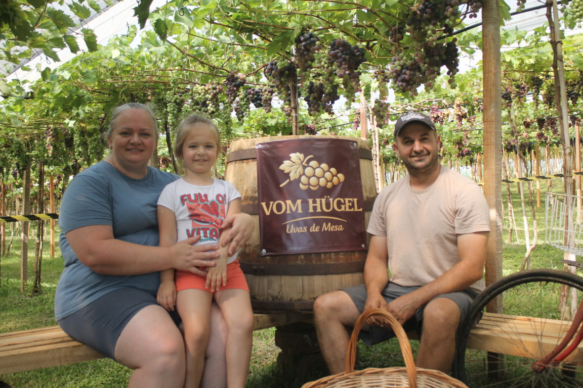 Além do quiosque, casal criou espaço no parreiral para receber visitantes Além do quiosque, casal criou espaço no parreiral para receber visitantes