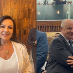 Kelly Moraes e Airton Artus participaram da posse de Sergio Peres,  na ter&ccedil;a (Foto: Juan Grings e AI Airton Artus)