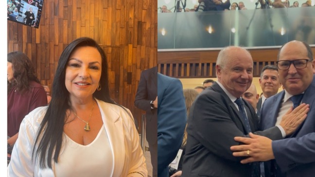 Kelly Moraes e Airton Artus participaram da posse de Sergio Peres,  na terça (Foto: Juan Grings e AI Airton Artus)