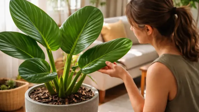 Mulher examina planta Pacová no sofá-1280x720