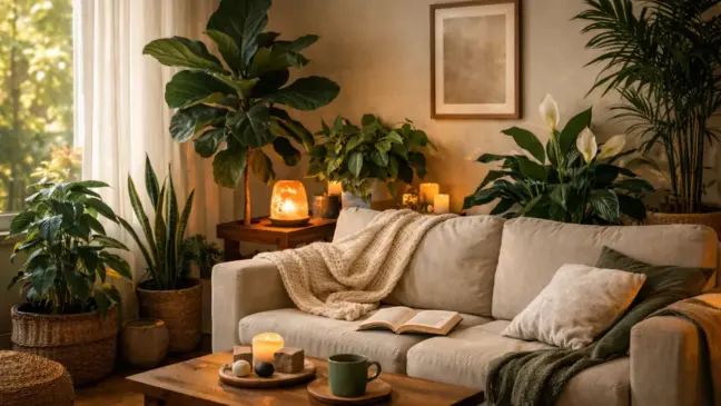 Sua sala de estar pode parecer apenas decorada no início, mas após 30 dias com 5 plantas protetoras bem posicionadas o ambiente cria um campo contínuo de calma e proteção que se percebe no dia a dia